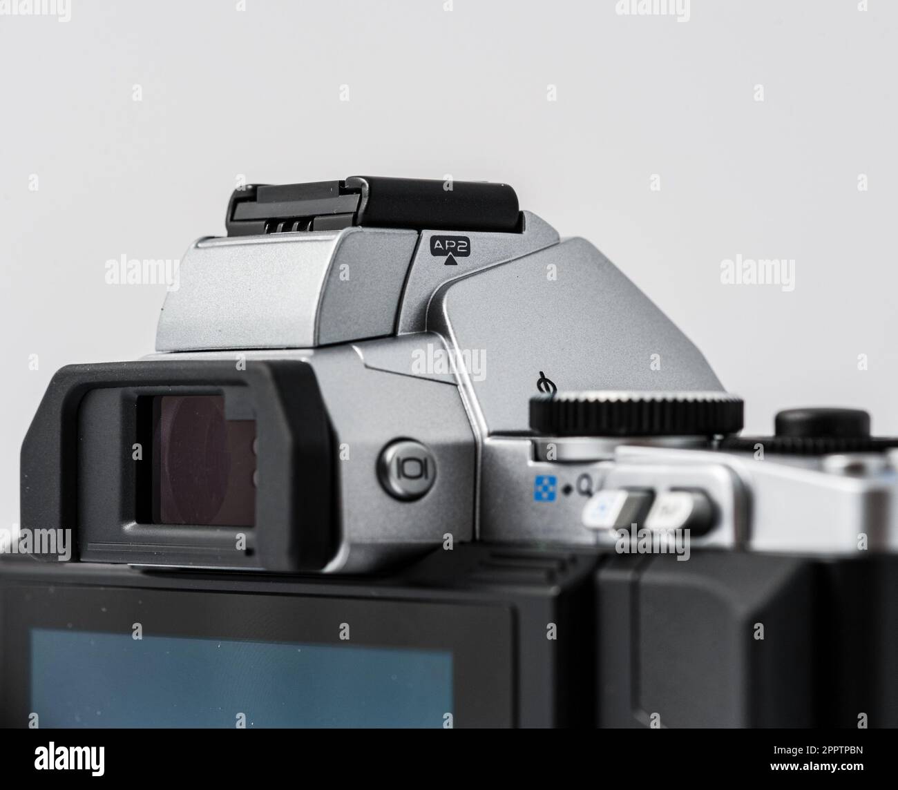 Top viewfinder and controls of a digital mirrorless camera Stock Photo