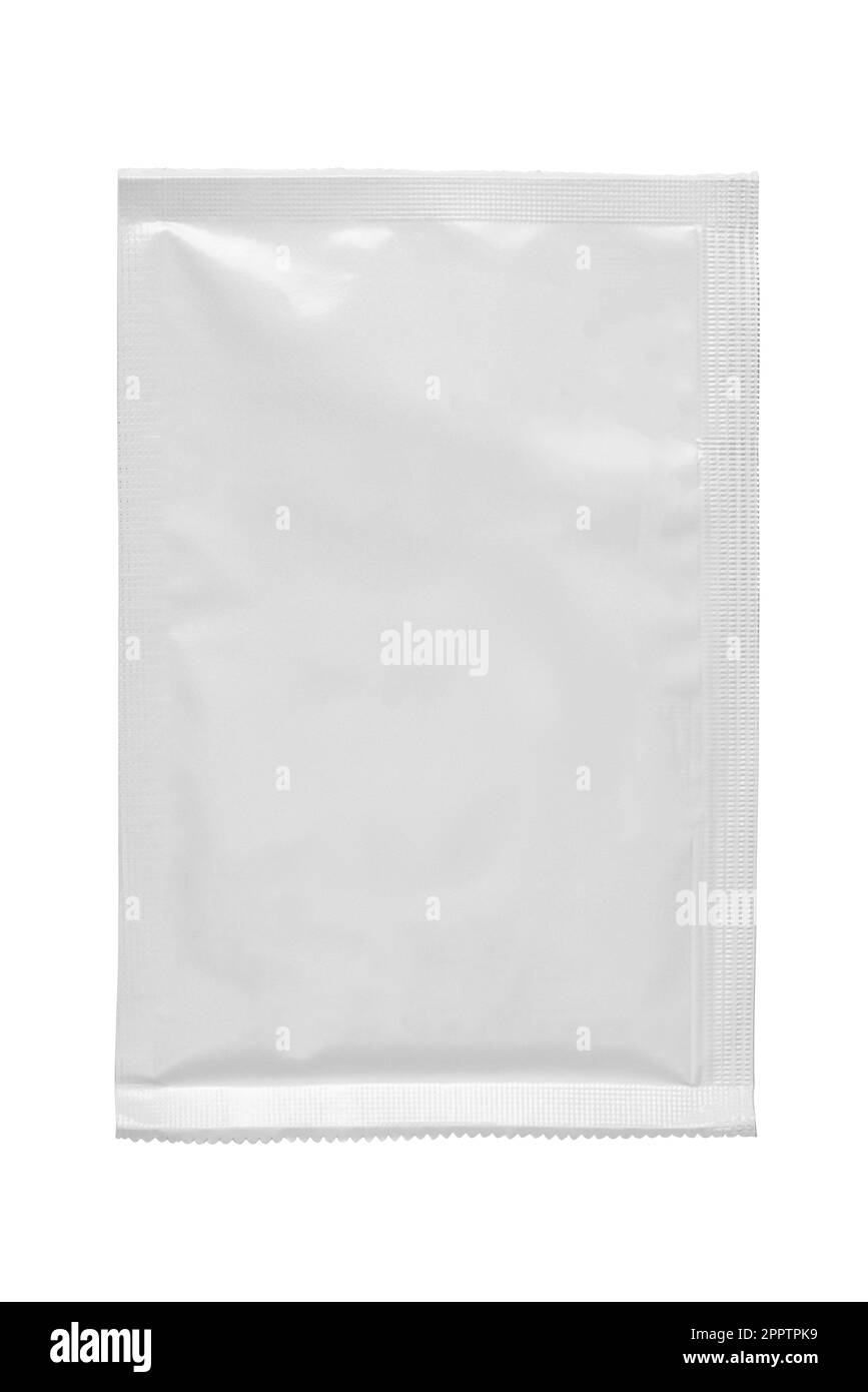 White blank paper sachet packet isolated on white background. Mockup