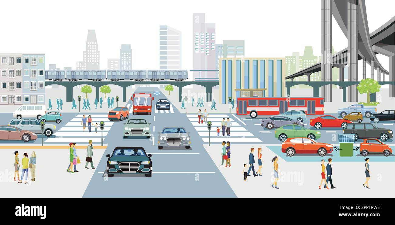 City with traffic and houses with pedestrians, illustration Stock ...