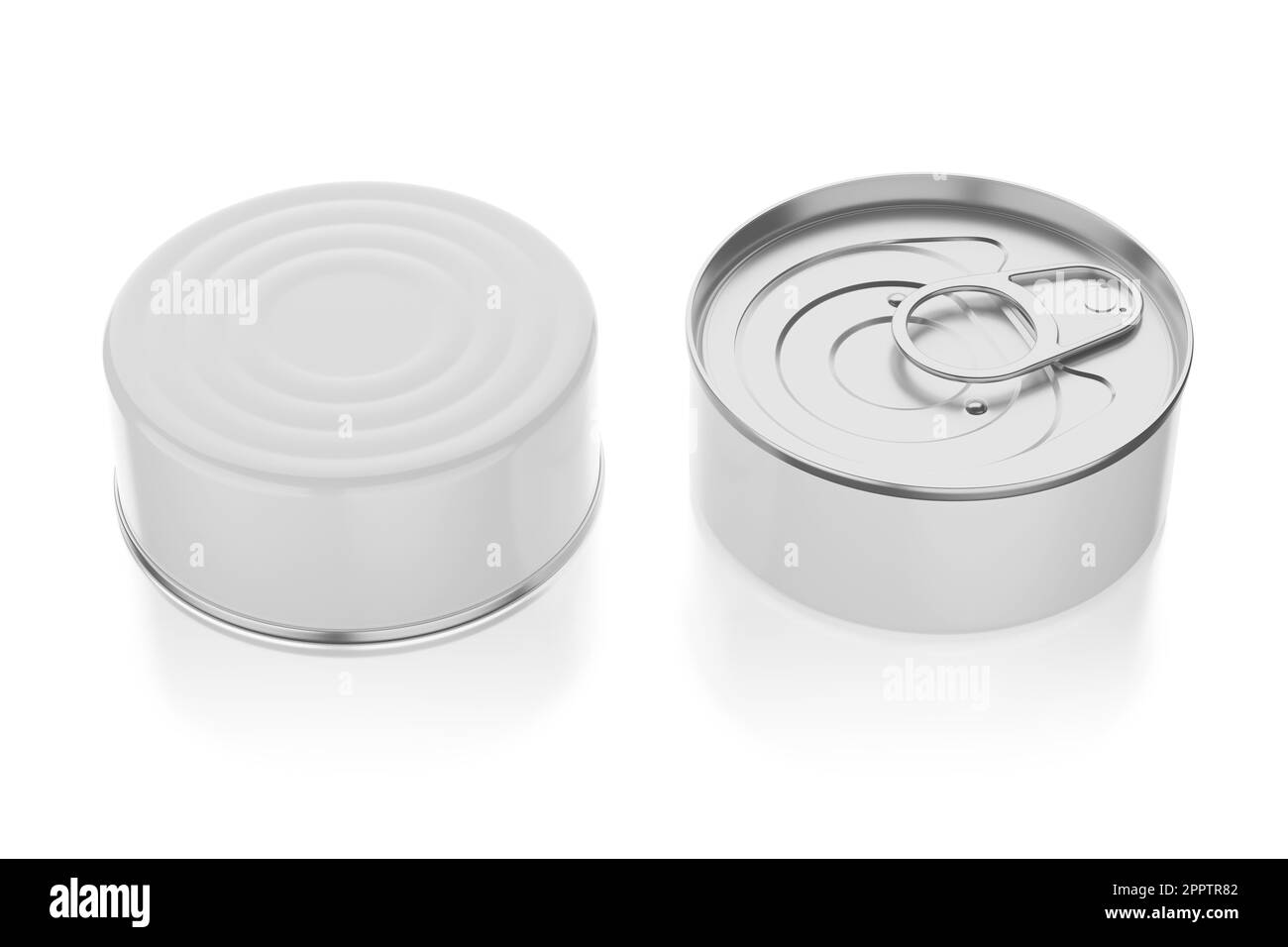 Two tin cans, product design mock-up. Isolated on white background. 3D rendering illustration. Stock Photo