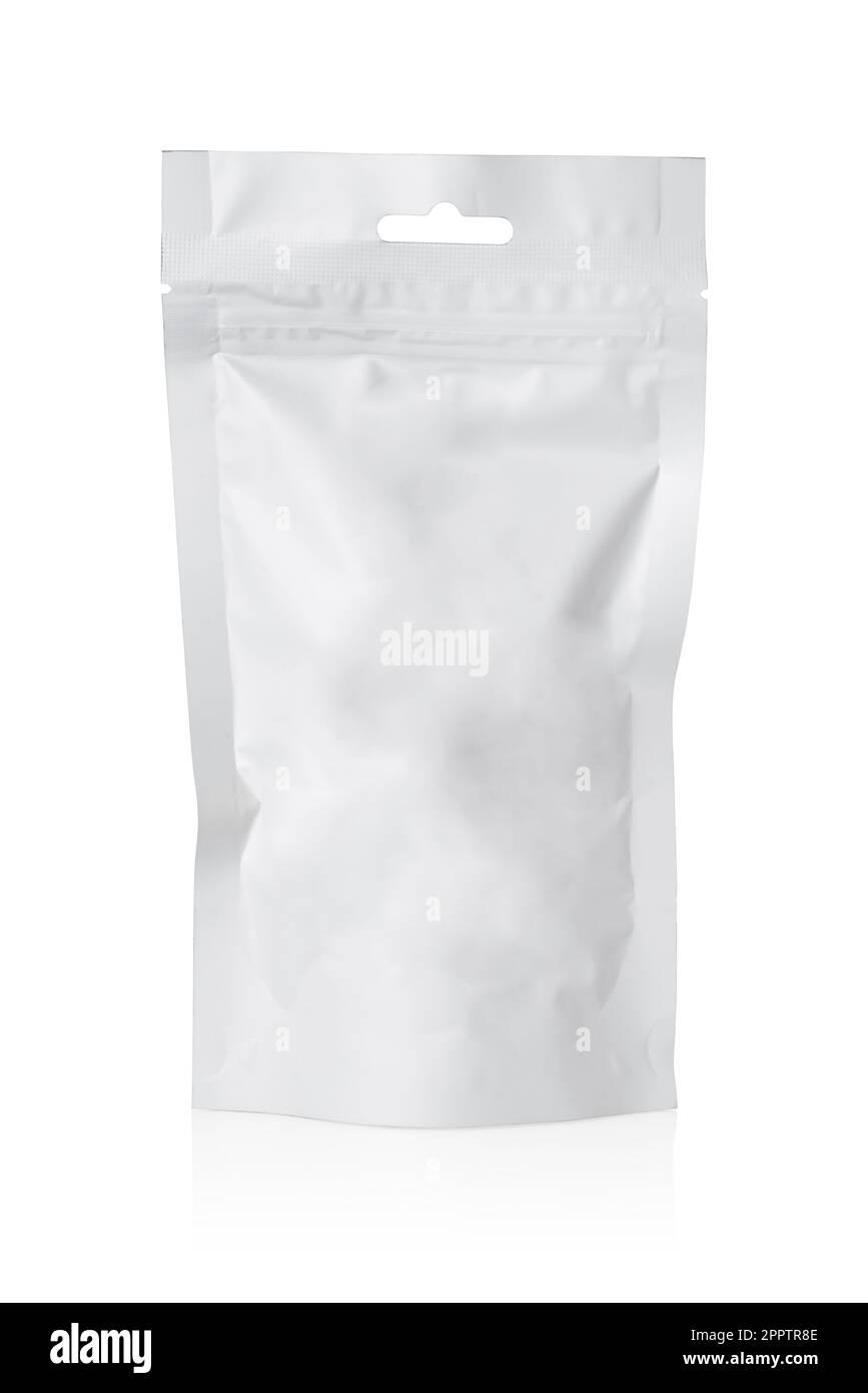 White plastic stand-up pouch bag isolated on white background, Stock Photo