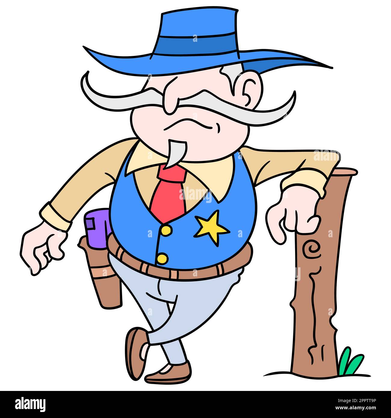 The sheriff wearing a cowboy hat is on duty to keep the village safe