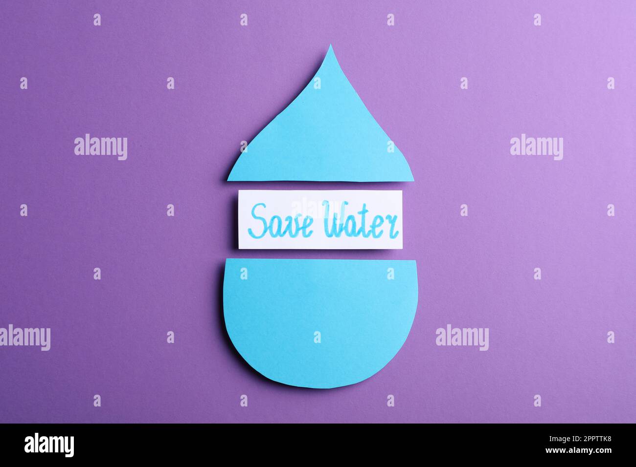 Words Save Water between parts of paper drop on purple background, flat