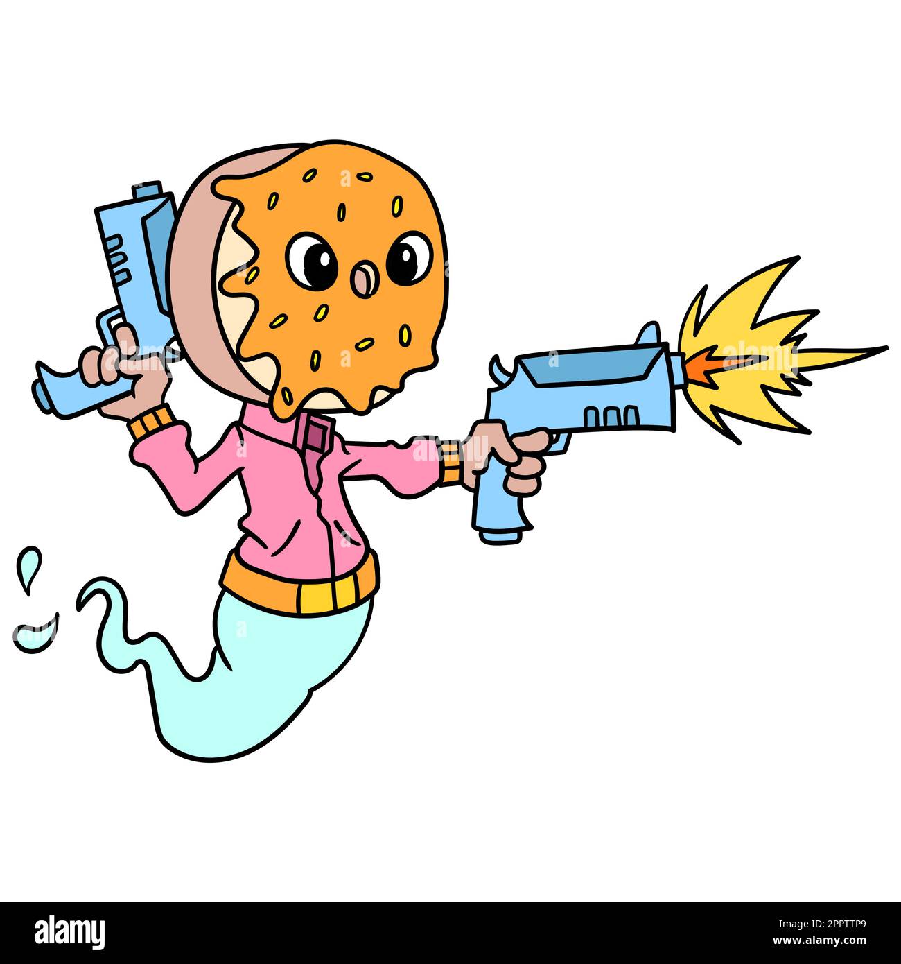 monster donut head shooting gun, doodle icon image kawaii Stock Vector