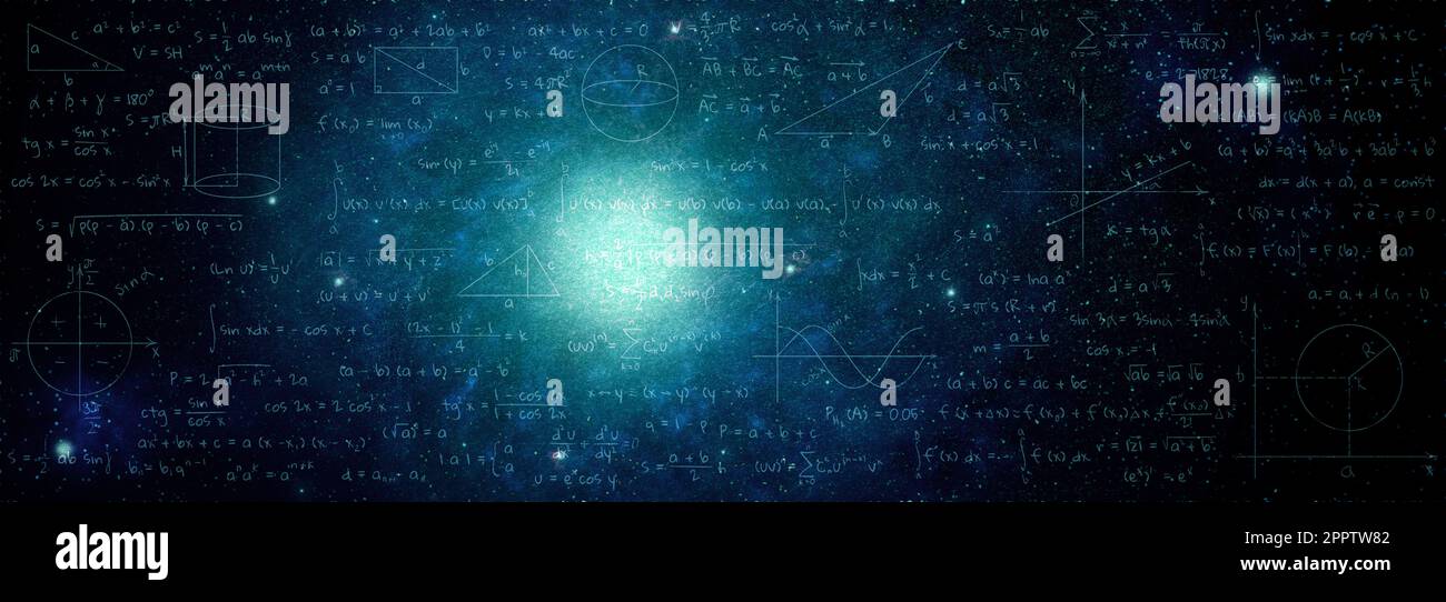 Illustration of basic physics and mathematics formulas and galaxy in ...