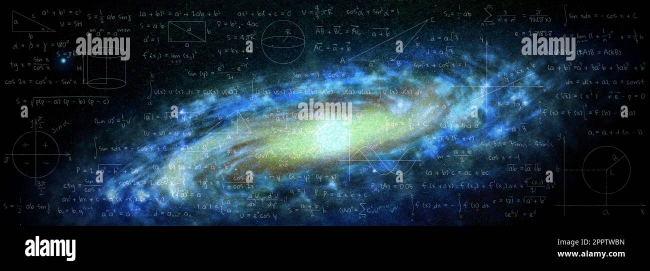 Illustration of basic physics and mathematics formulas and galaxy in ...