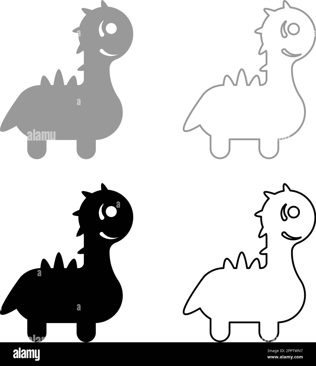 Funny dragon cute character dinosaur dino set icon grey black color vector illustration image solid fill outline contour line thin flat style Stock Vector