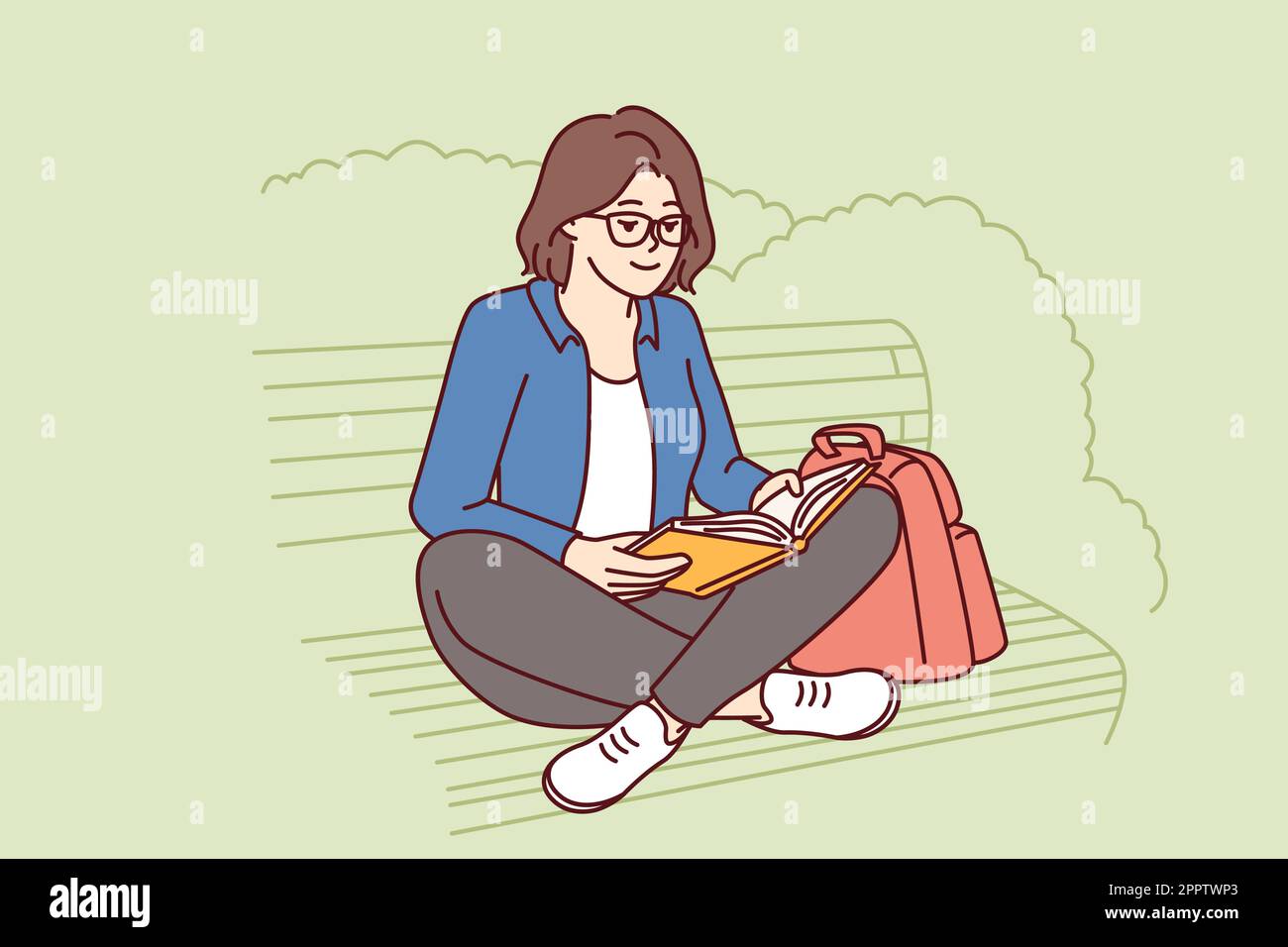 Teenage girl is reading book sitting on park bench enjoying good summer weather and intriguing plot Stock Vector