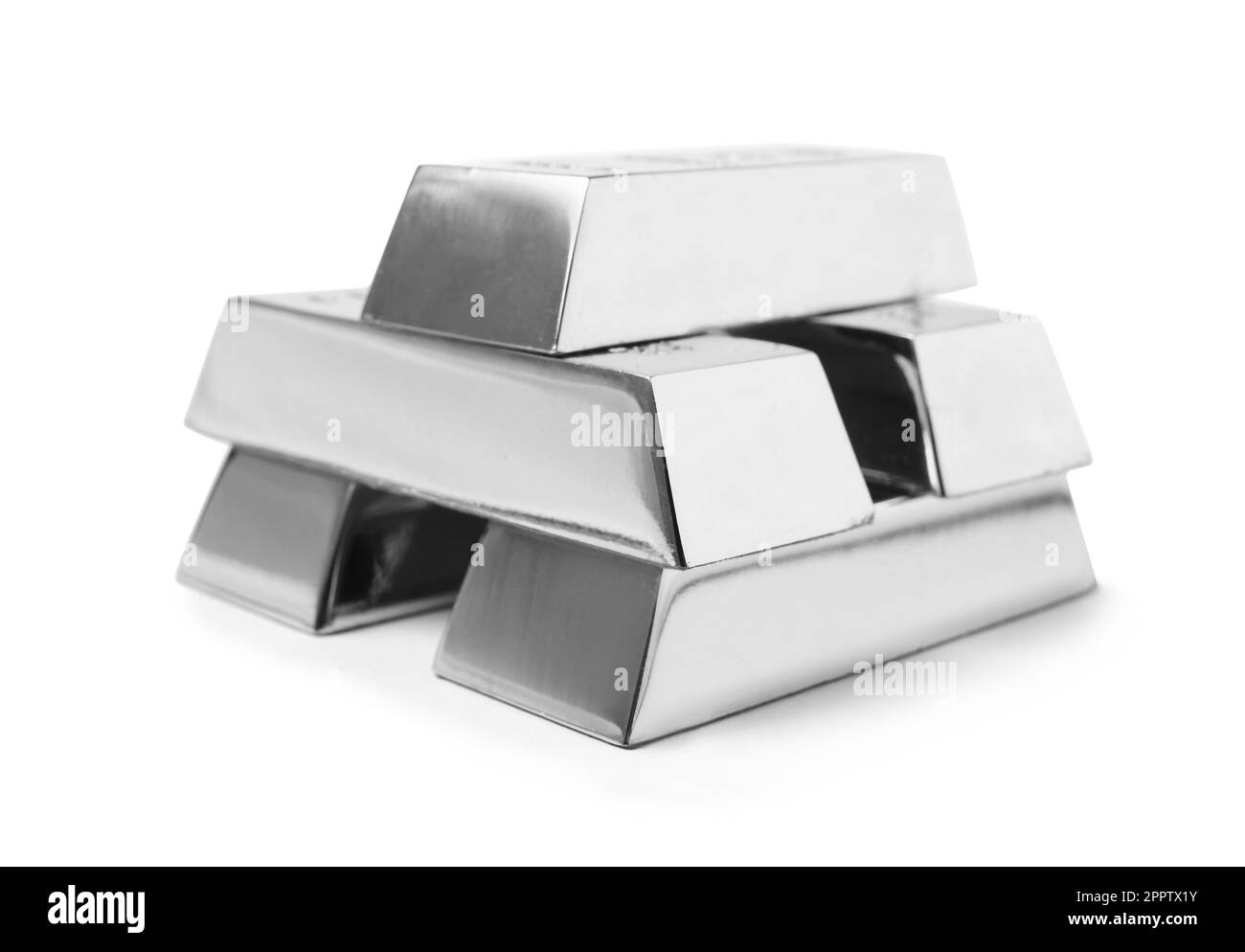 Stack of shining silver bars isolated on white Stock Photo