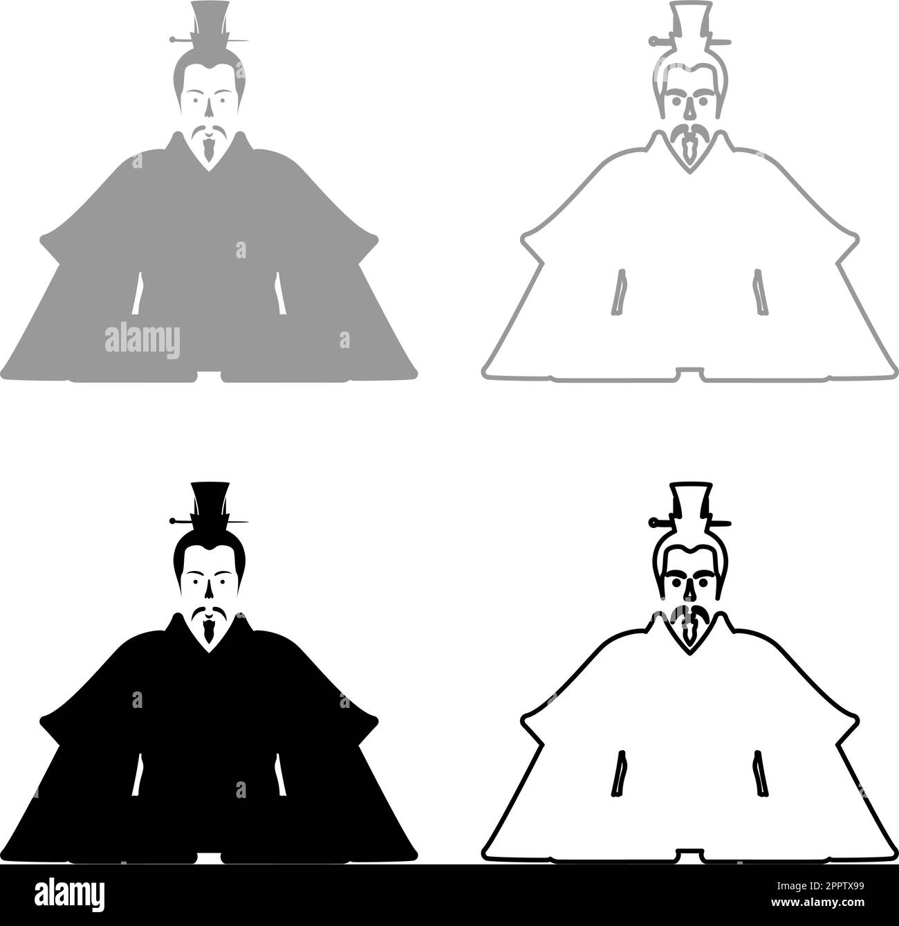 Emperor Japan China silhouette Chinese nobility Japanese ancient character avatar imperial ruler set icon grey black color vector illustration image solid fill outline contour line thin flat style Stock Vector