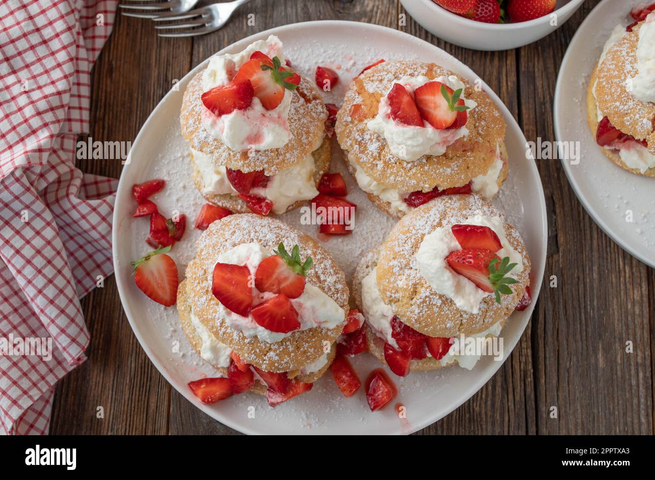 Strawberry shortcake on wooden table Stock Photo