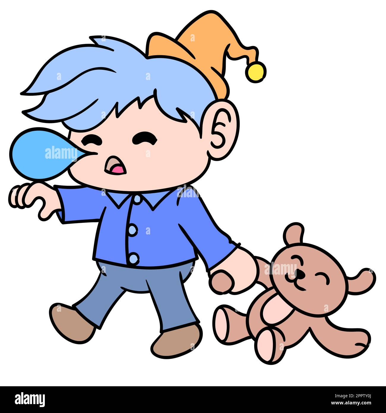 boy sleep delirious walking carrying a teddy bear, doodle icon image