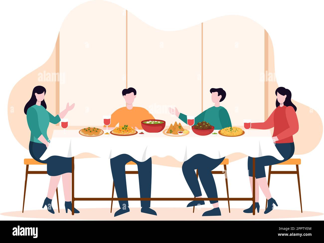 Indian Food Cartoon Illustration with Various Collections of Delicious Traditional Cuisine and Some People Eating it in a Restaurant Stock Vector