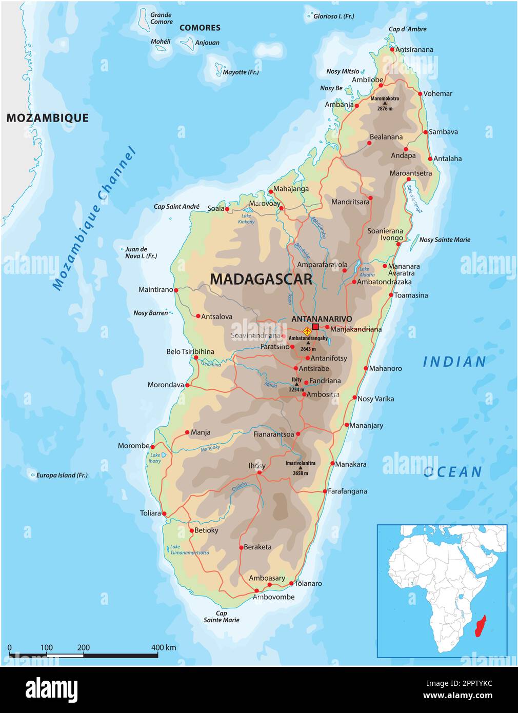 Detailed vector road map of the island nation of Madagascar Stock ...