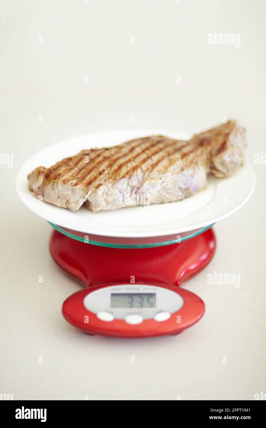 https://c8.alamy.com/comp/2PPTYM1/weighing-dinner-scale-and-measuring-beef-for-calories-nutritional-value-and-protein-on-a-plate-healthy-meat-measurement-and-a-steak-for-dietary-2PPTYM1.jpg