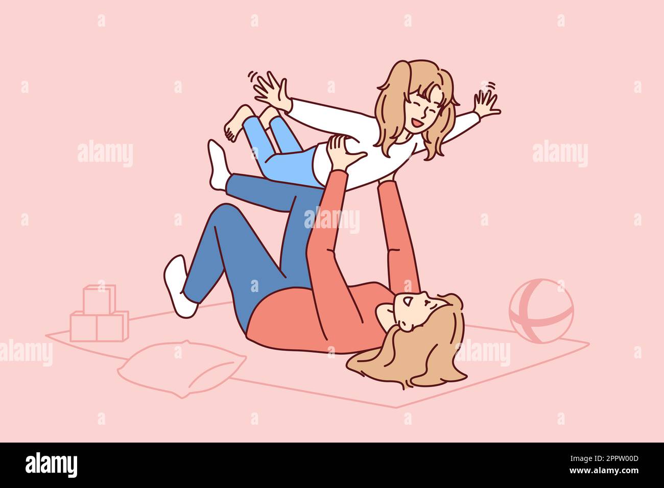 Caring mother lying on floor lifts laughing daughter enjoying playing with child Stock Vector