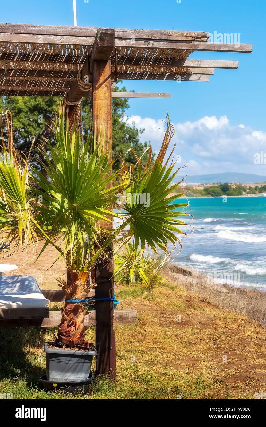 Beach sofa bed lounge, ocean sea and blue sky, travel vacation concept
