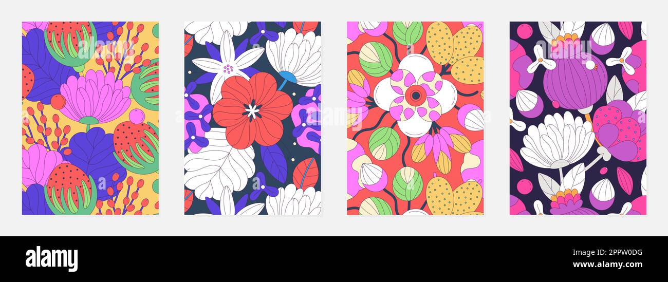 Set of vector covers with floral patterns of colorful abstract flowers ...
