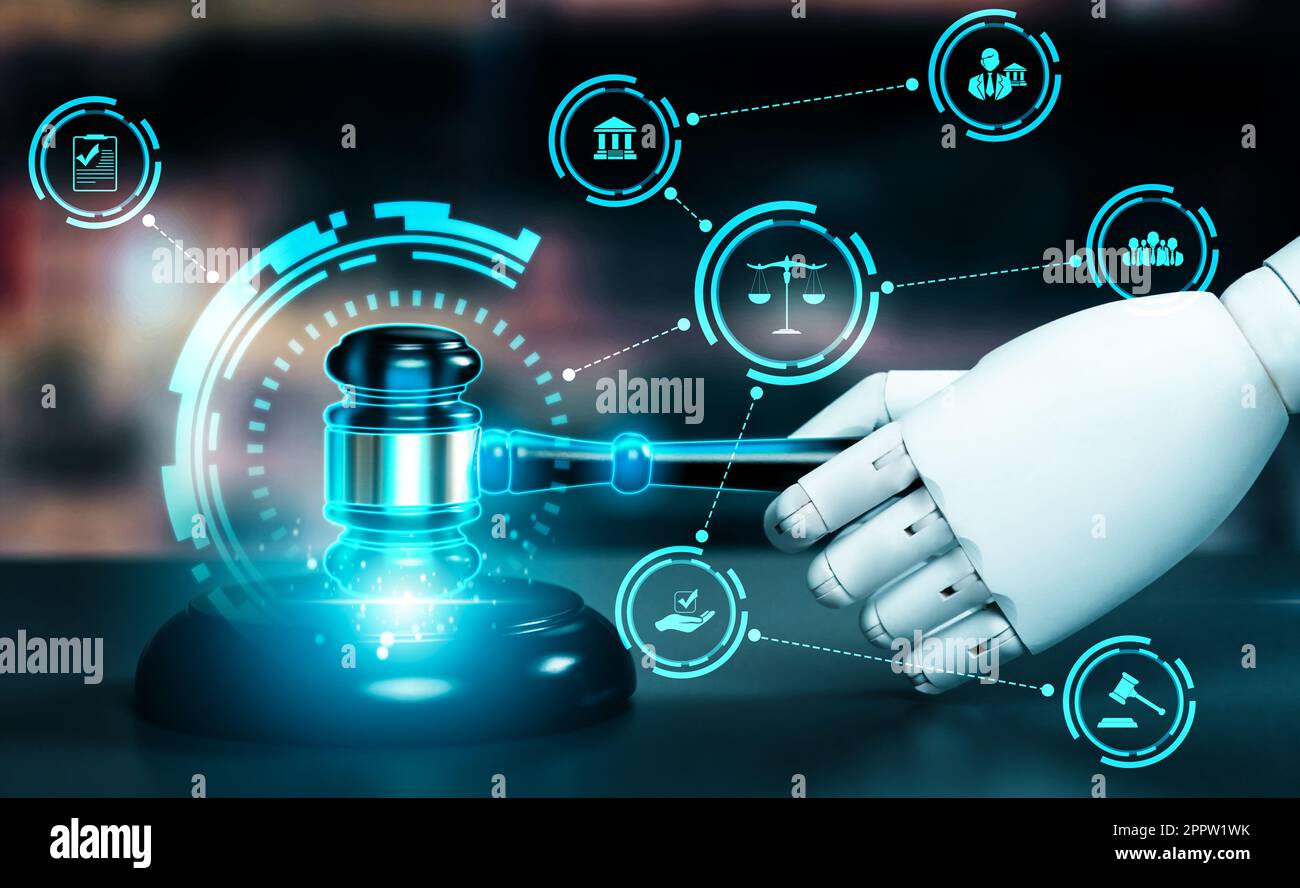 AI related law concept shown by robot hand using lawyer working tools in lawyers office with