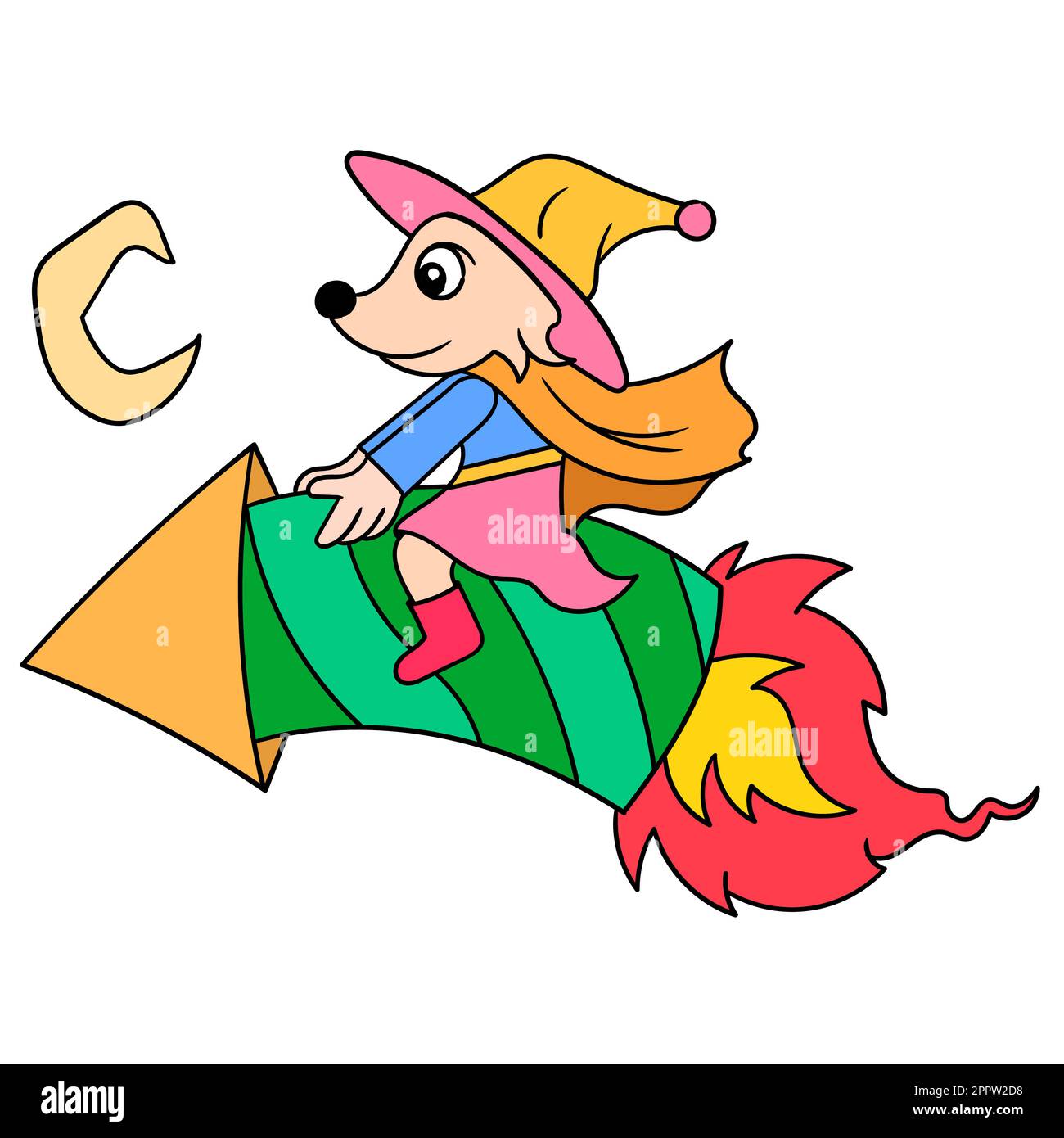 The cute fox witch flies in the sky riding a rocket at night, doodle icon image kawaii Stock Vector