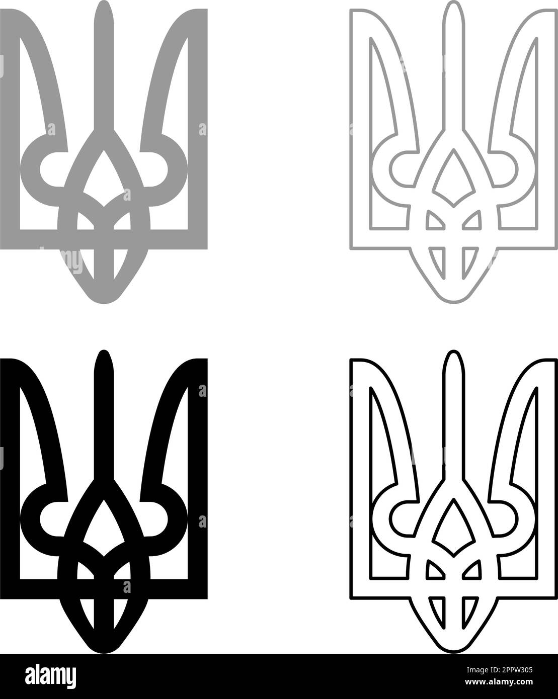 Ukraine coat of arms national emblem seal ukrainian state symbol sign trident tryzub set icon grey black color vector illustration image solid fill outline contour line thin flat style Stock Vector