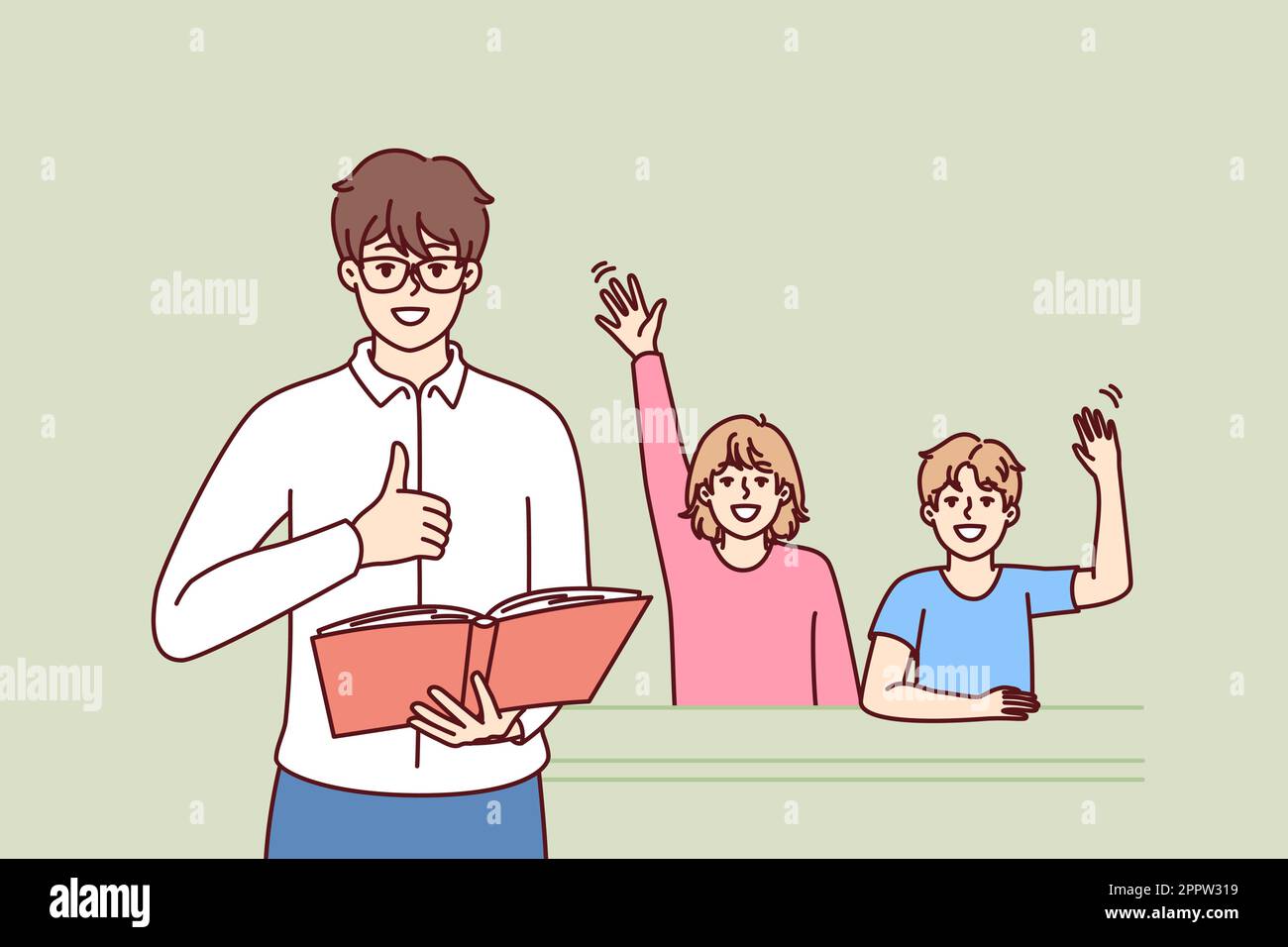 Man teacher with textbook stands near students sitting at school desk and raising hand Stock Vector