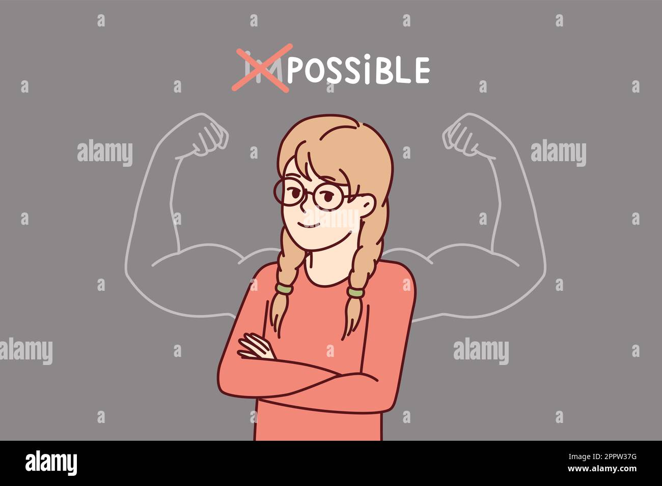 Proud little girl stands with arms crossed near inscription impossible is possible on blackboard Stock Vector