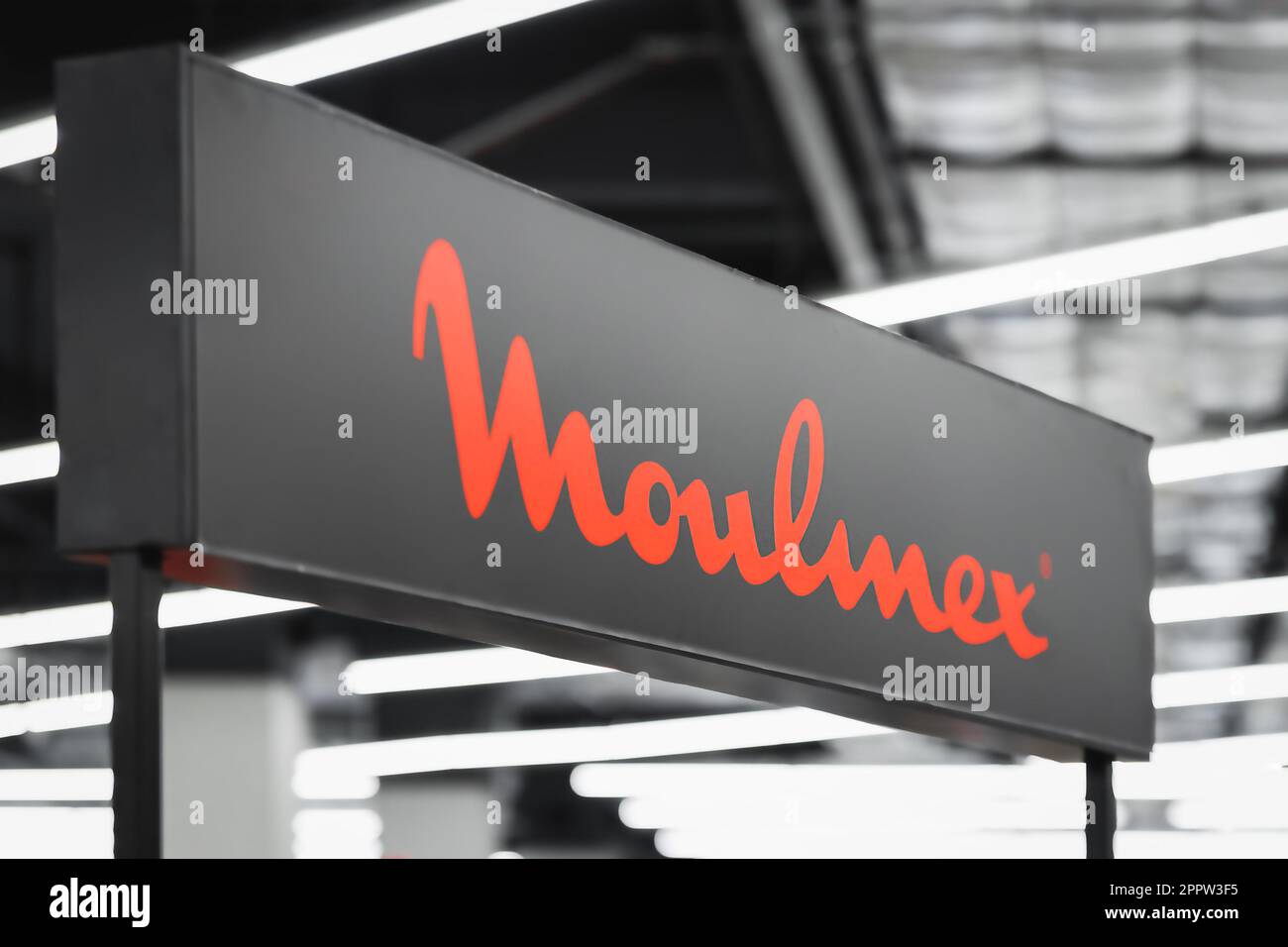 Close-up on the Moulinex logo on a decorative stand in store Stock Photo