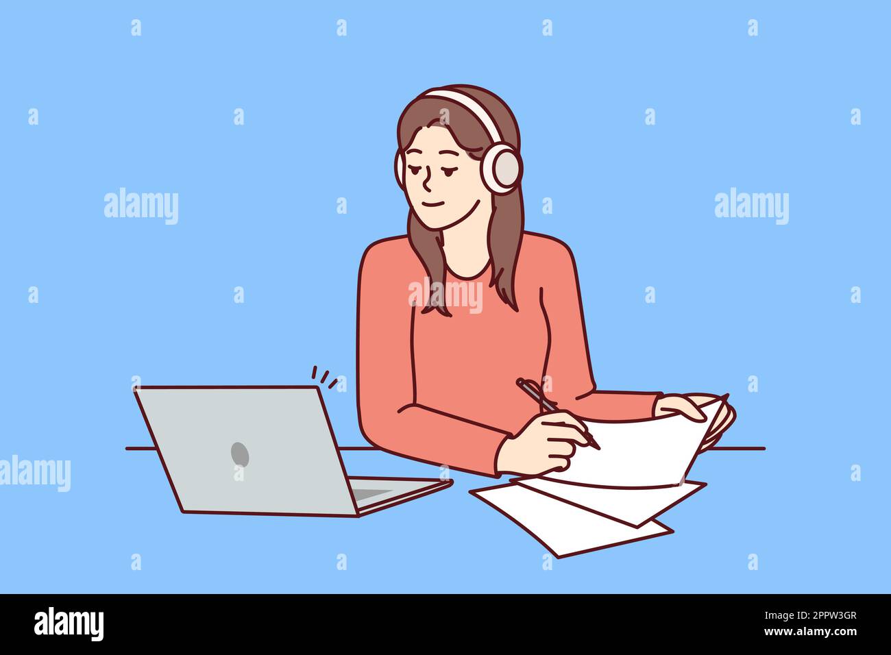 Woman with laptop sits at table and watches training webinar for gaining new skills Stock Vector