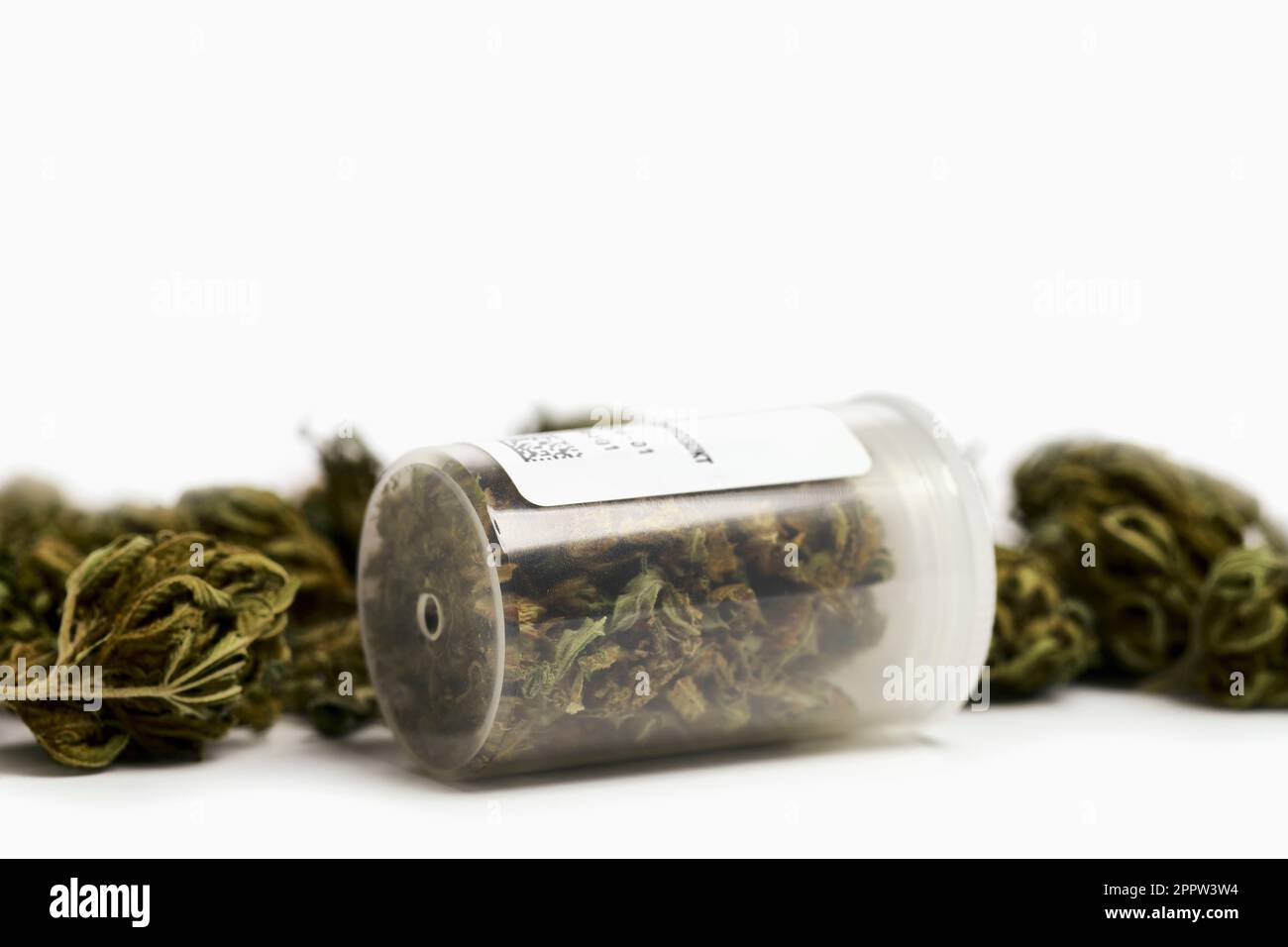 Still life close up medical cannabis in prescription bottle Stock Photo
