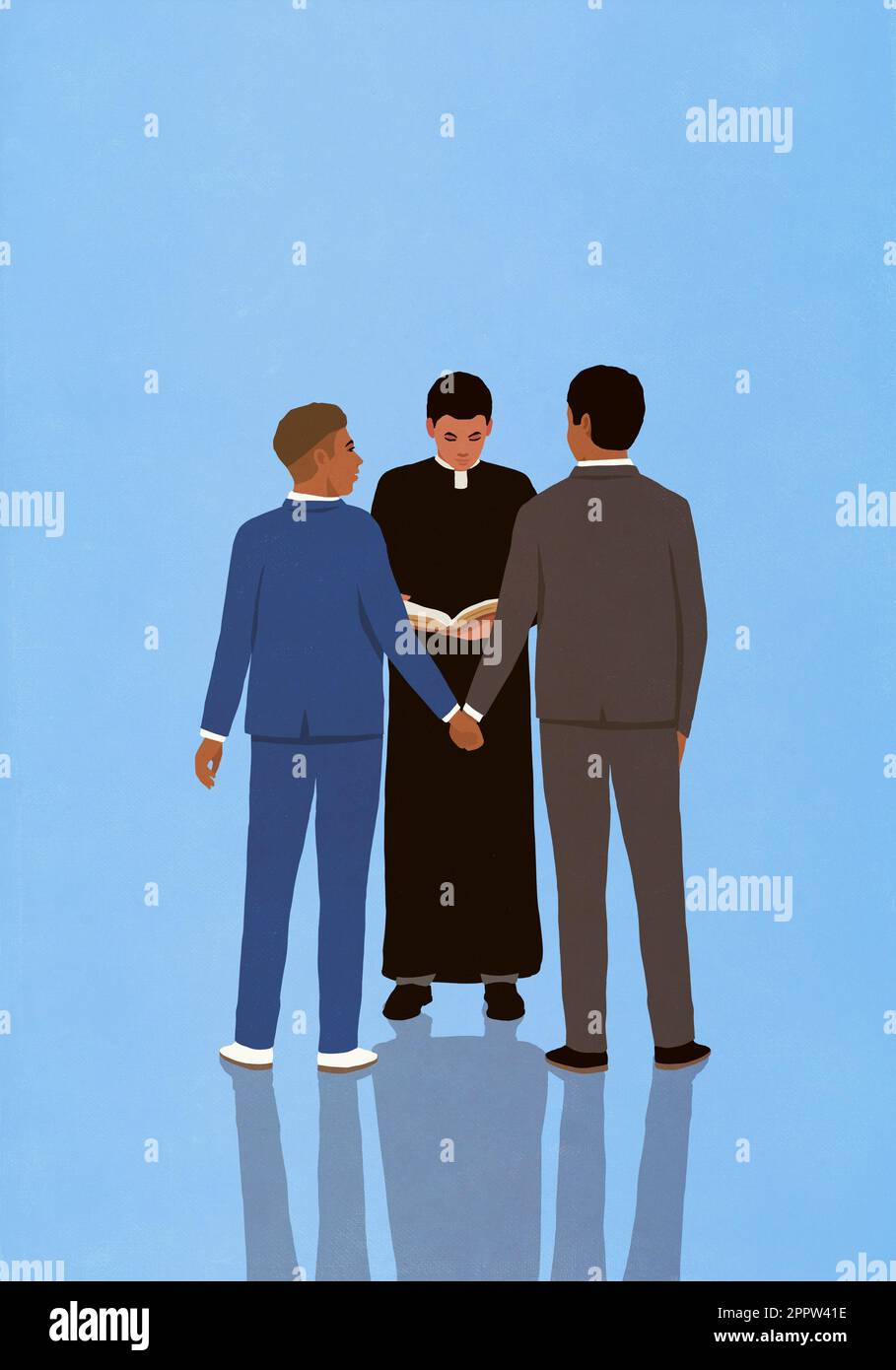 Priest marrying gay male couple holding hands on blue background Stock Photo