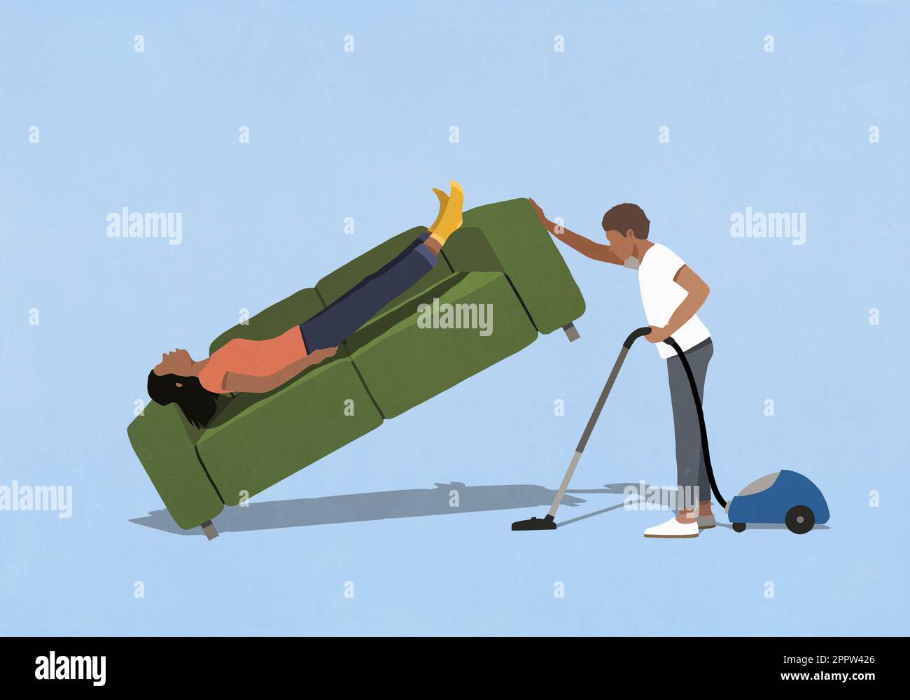 Husband vacuuming under wife sleeping on sofa at home Stock Photo Alamy