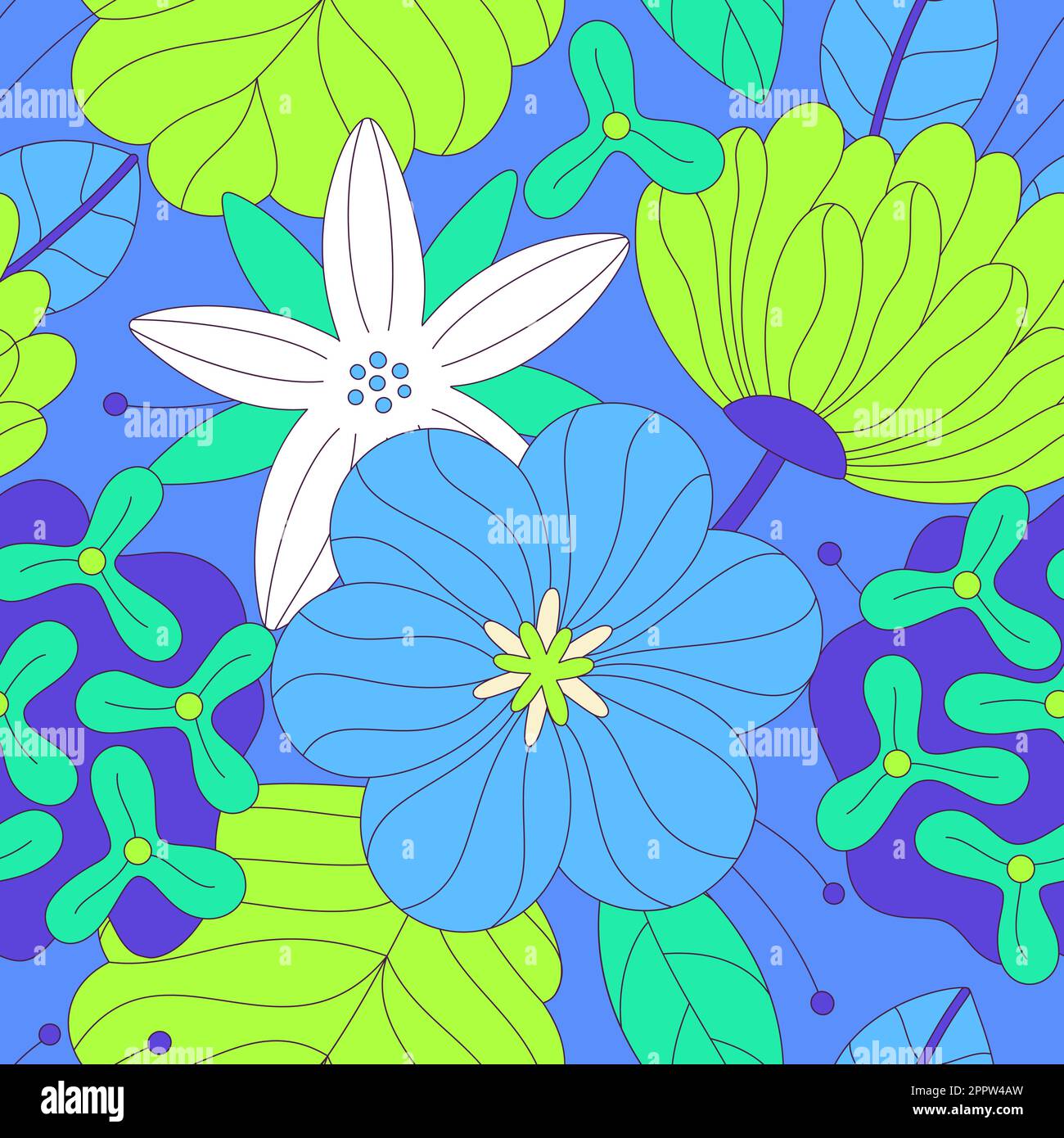 Seamless floral pattern of colorful abstract flowers with black stroke