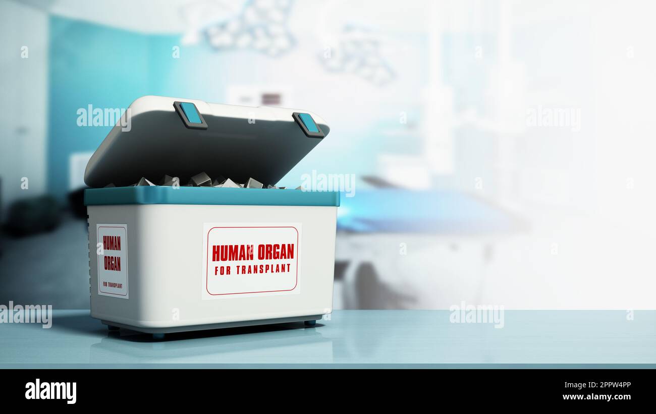 Human organ transport box in the operating room. With copy space. 3D