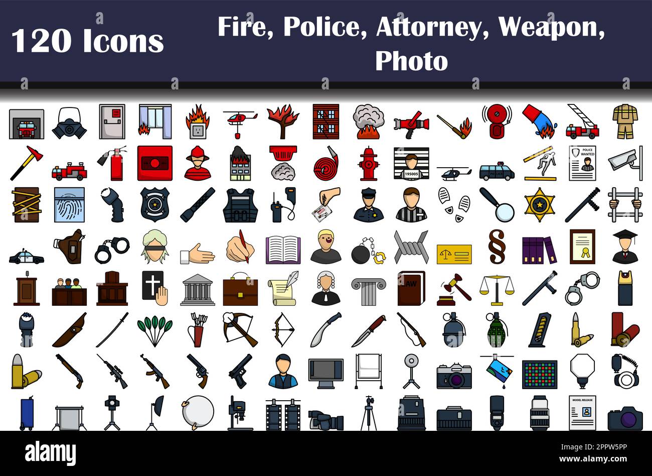 120 Icons Of Fire, Police, Attorney, Weapon, Photo Stock Vector