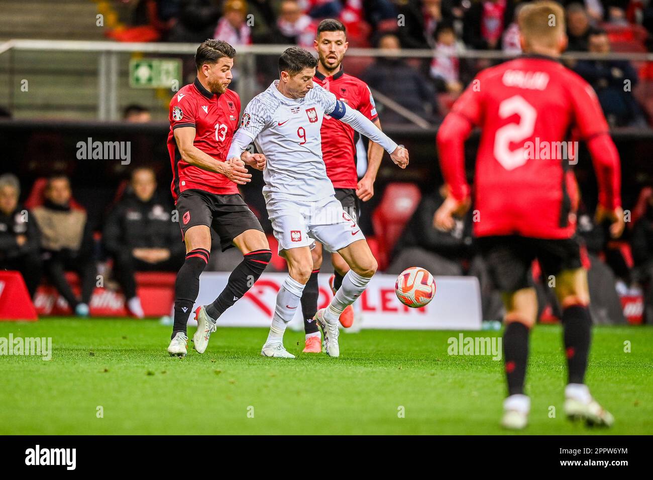 WARSAW, POLAND - MARCH 27, 2023: European qualifiers EURO 2024 gropu stage Poland - Albania o/p: Enea Mihaj (Albania) Robert Lewandowski (poland) Stock Photo