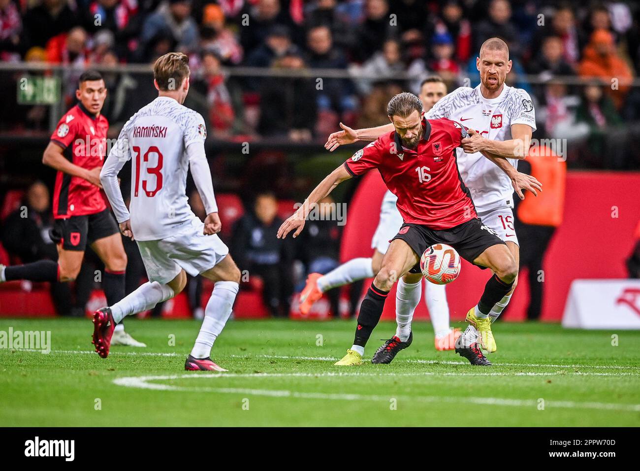 WARSAW, POLAND - MARCH 27, 2023: European qualifiers EURO 2024 gropu stage Poland - Albania o/p: Sokol Cikalleshi (Albania) Bartosz Salamon (poland) Stock Photo