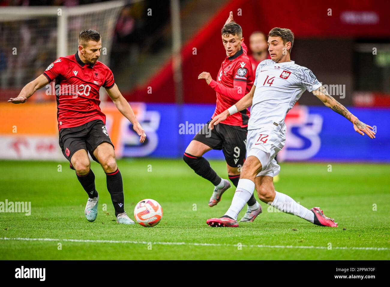 WARSAW, POLAND - MARCH 27, 2023: European qualifiers EURO 2024 gropu stage Poland - Albania o/p: Jasir Asani (Albania) Jakub Kiwior (poland) Stock Photo