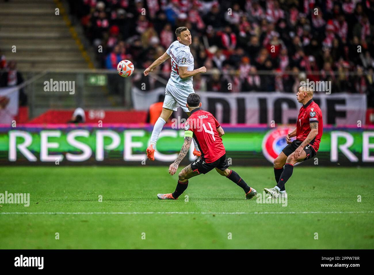 WARSAW, POLAND - MARCH 27, 2023: European qualifiers EURO 2024 gropu stage Poland - Albania o/p: Przemyslaw Frankowski (poland) Elseid Hysaj (Albania) Stock Photo