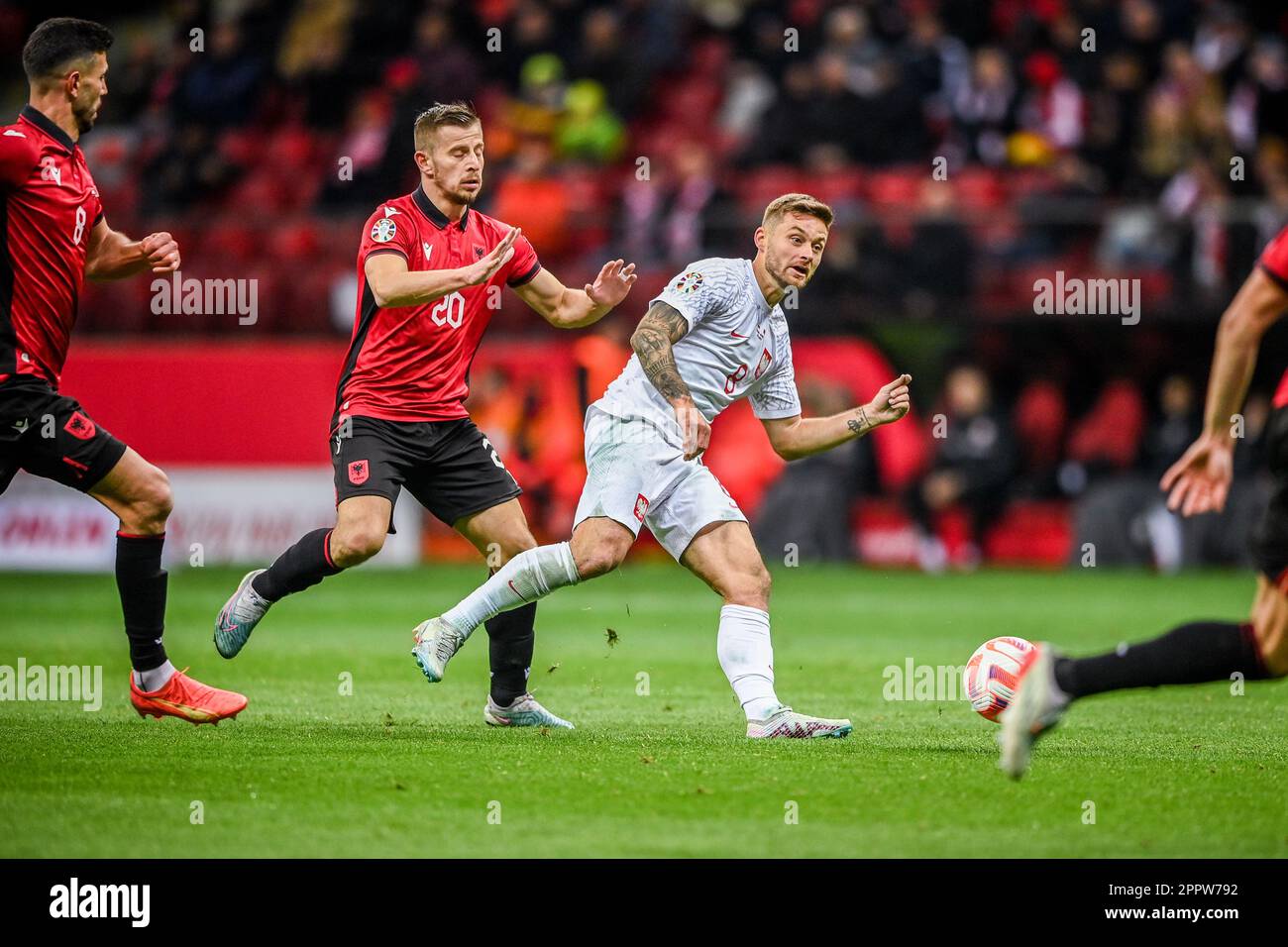 WARSAW, POLAND - MARCH 27, 2023: European qualifiers EURO 2024 gropu stage Poland - Albania o/p: Ylber Ramadani (Albania) Karol Linetty (poland) Stock Photo