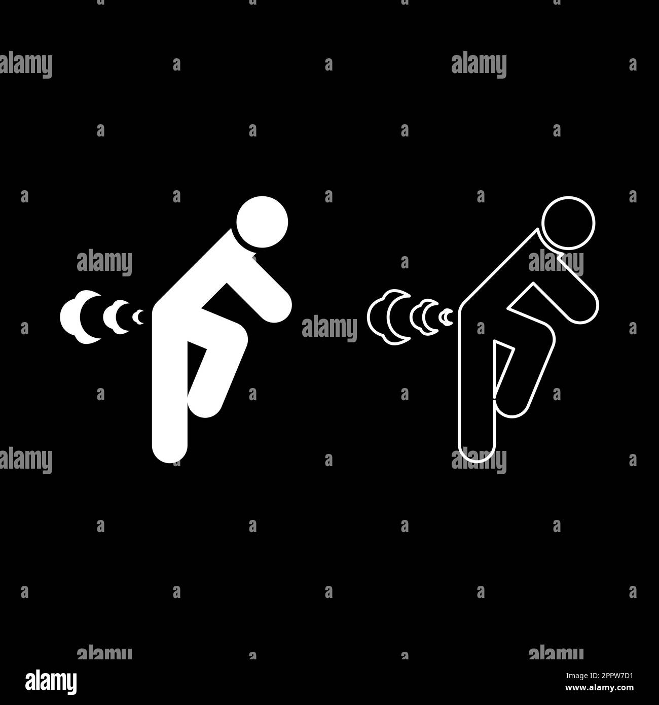 Man farts break wind farting bloating gas cloud stench bad smell flatulency set icon white color