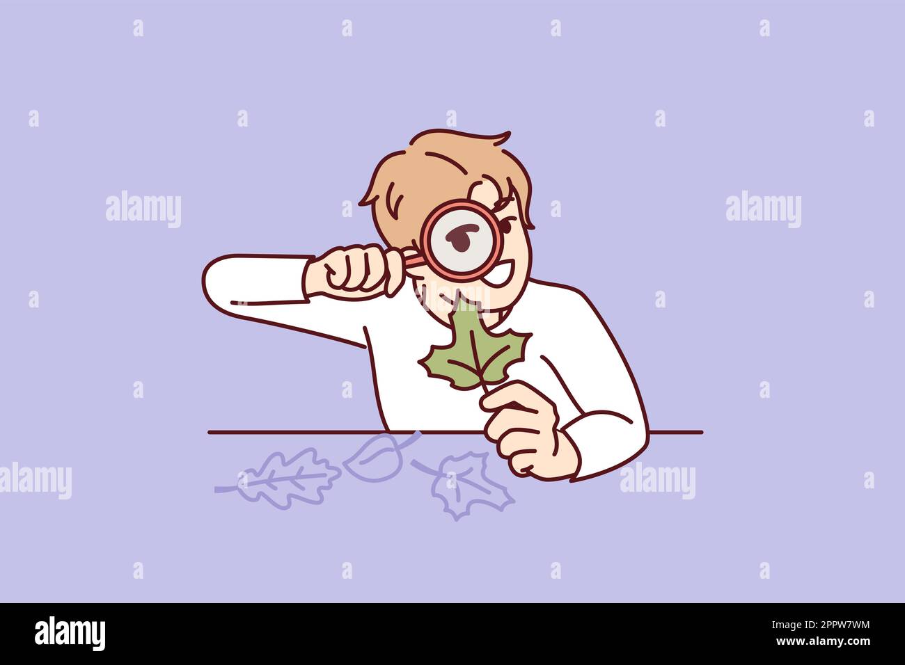 Teenager boy with magnifying glass examines leaf from tree, studying plants doing homework Stock Vector