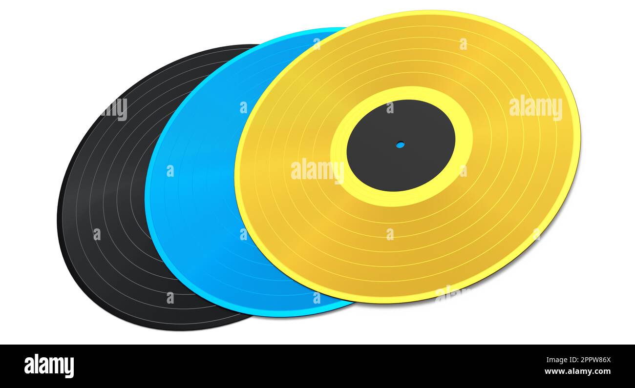 Set of vinyl LP records with label isolated on white background. 3d