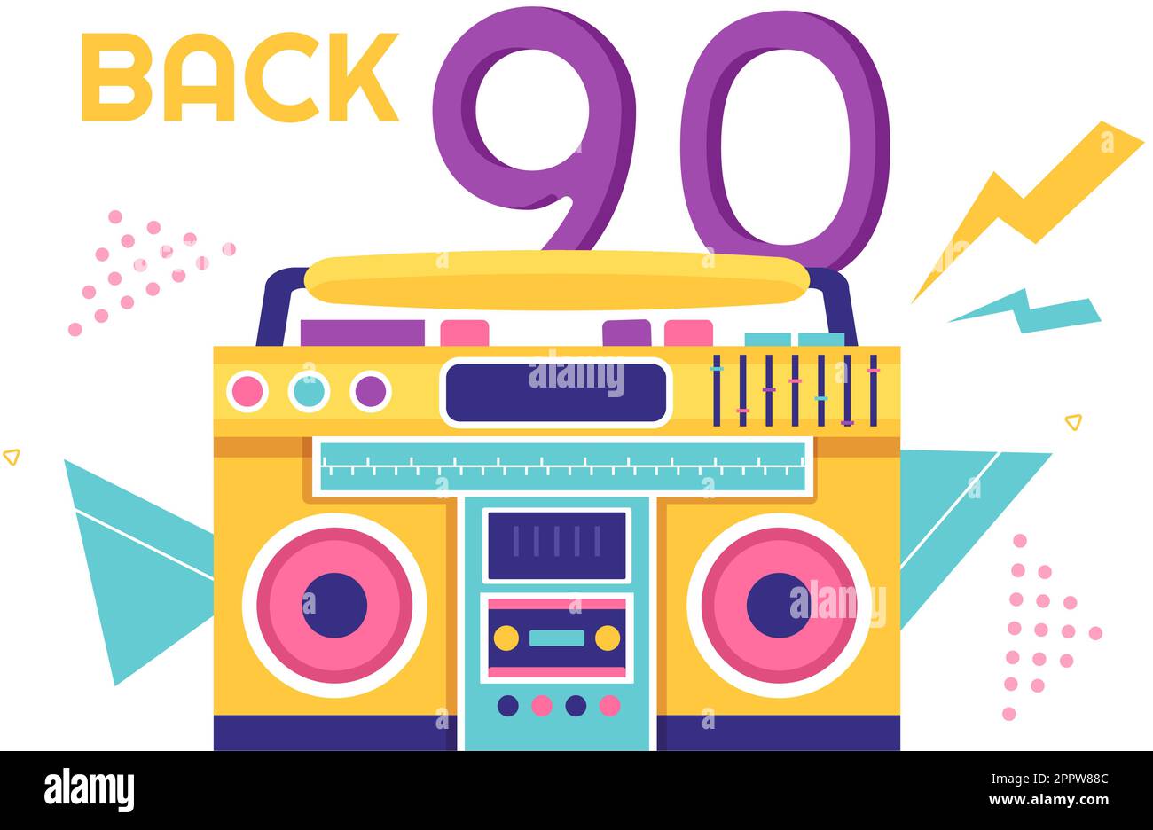 90s Retro Party Cartoon Background Illustration with Nineties Music, Sneakers, Radio, Dance Time and Tape Cassette in Trendy Flat Style Design Stock Vector
