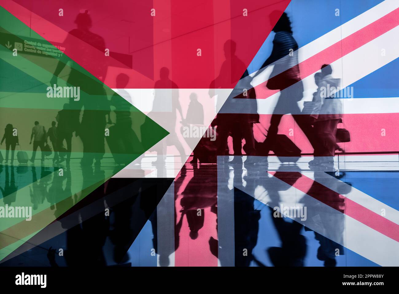 People with luggage in airport terminal with flags of Sudan and United Kingdom overlaid. Sudan, war, evacuation...concept Stock Photo