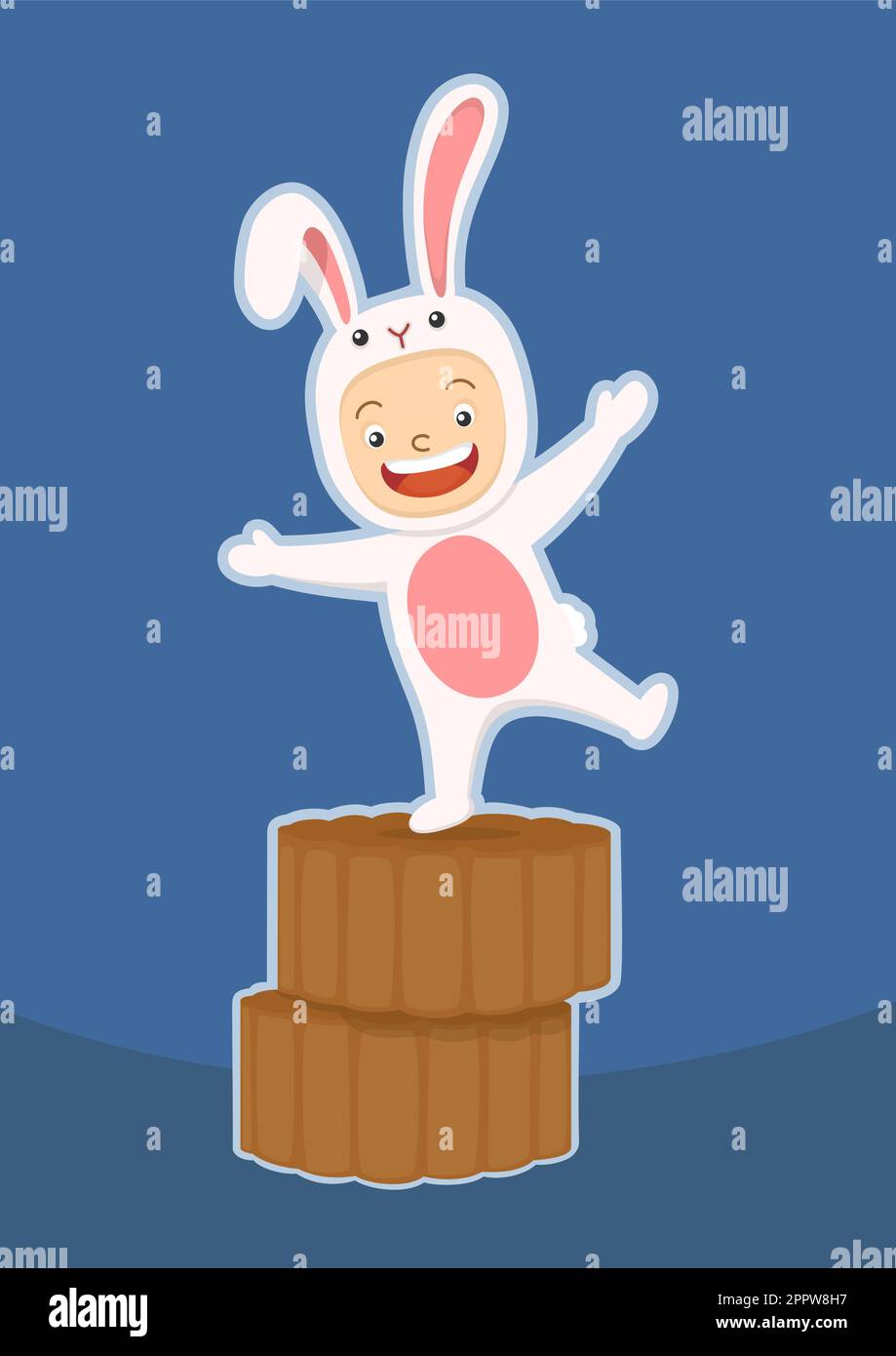 cute kid in rabbit costume on mid autumn festival mooncake Stock Vector