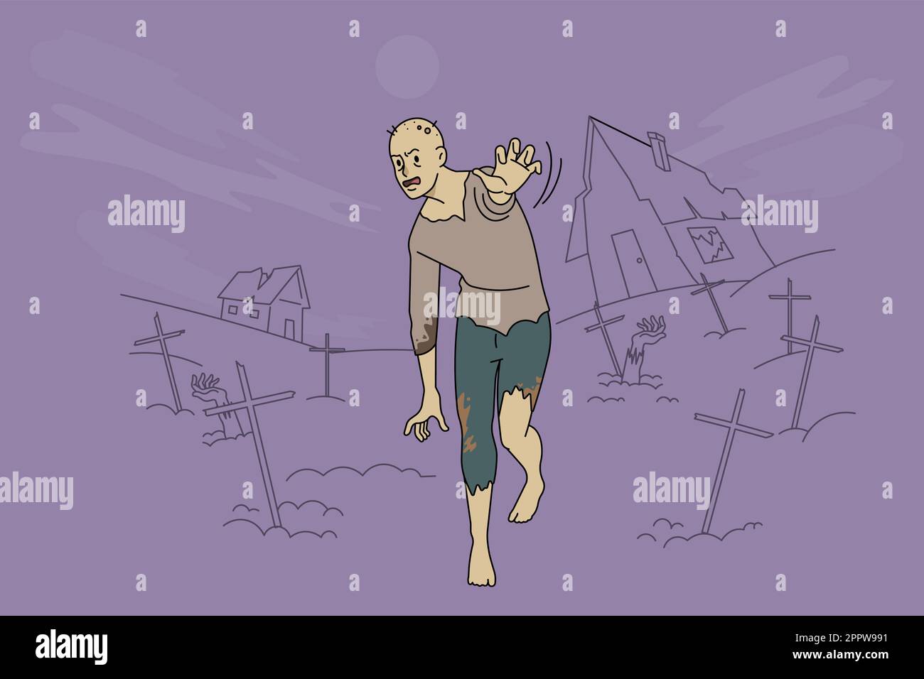 Zombie walking on cemetery near graves Stock Vector