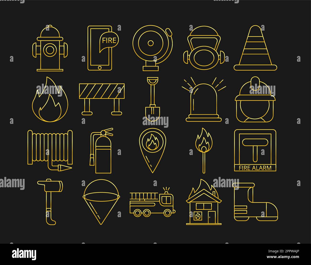 gold firefighter icons isolate on black background Stock Vector