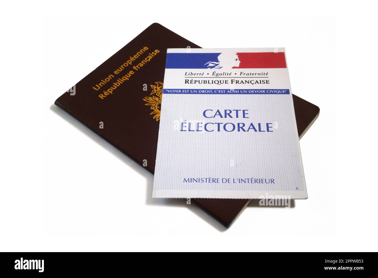 Paris, France - September 25 2016: French electoral voting card and passport isolated on white. Stock Photo