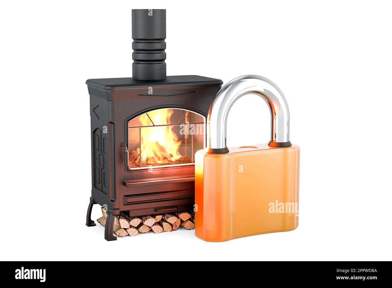 Potbelly stove, wood burner stove with padlock, 3D rendering isolated on  white background Stock Photo - Alamy